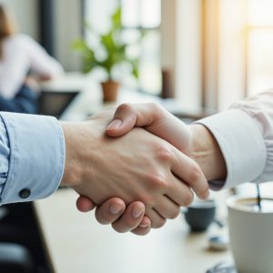 Close-up handshake symbolizing partnership, professional workspace with soft lighting.